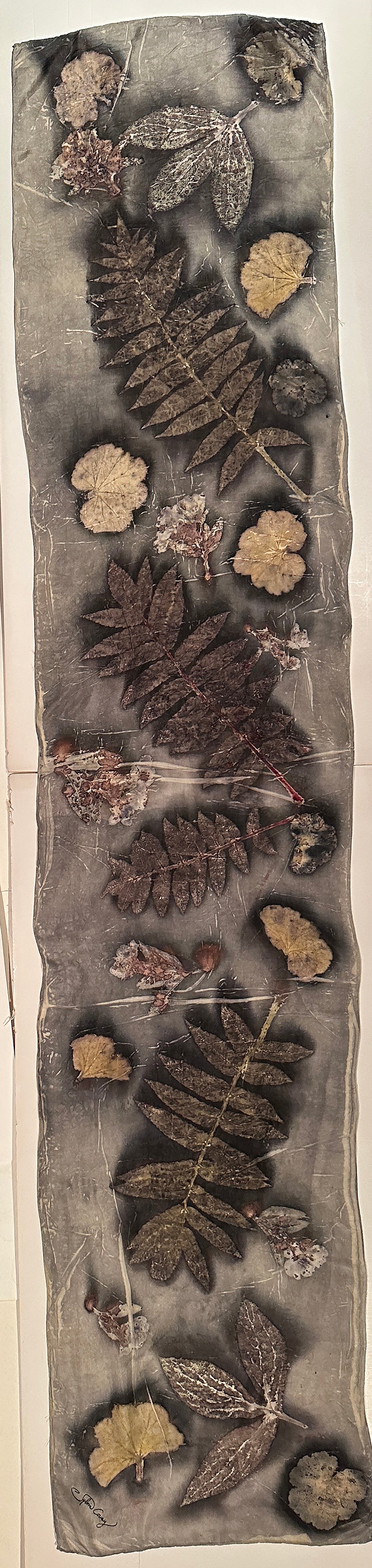 Hand printed botanical silk scarf 14" x 70"(#019)