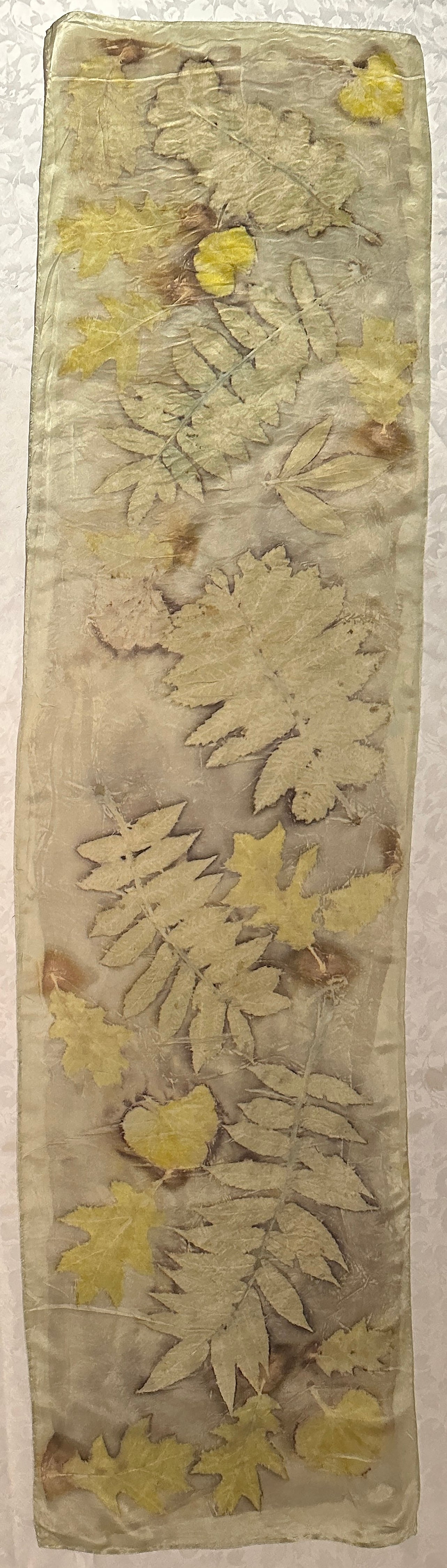 Botanical silk scarf 15" x 60" Light silver (#4)
