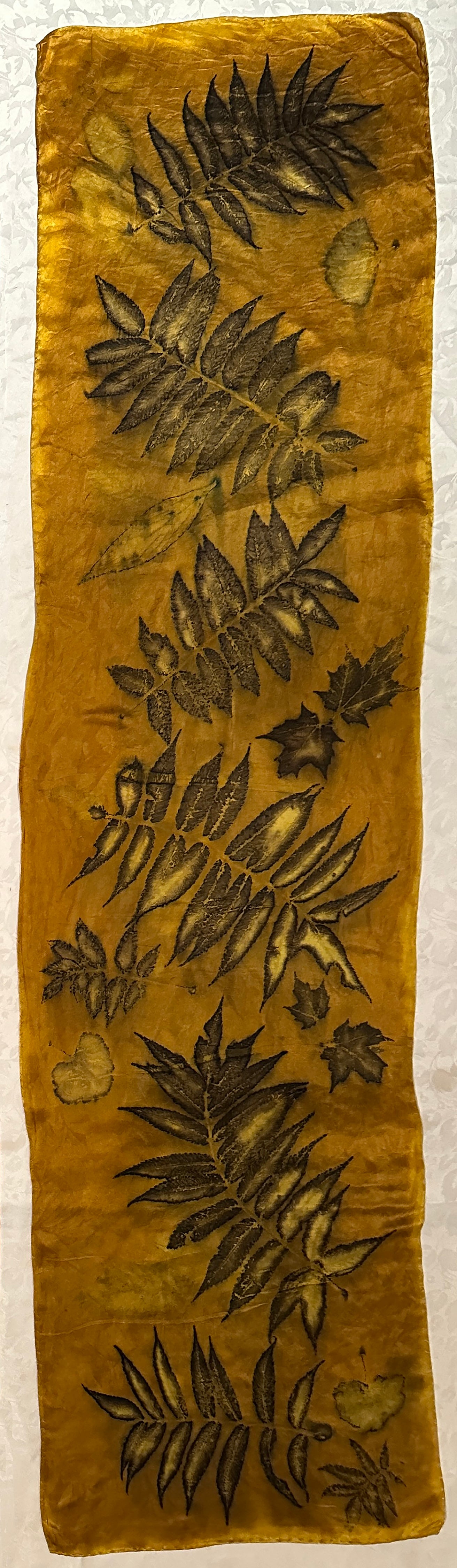 Botanical silk scarf 15" x 60" Turmeric dark gold (#6)