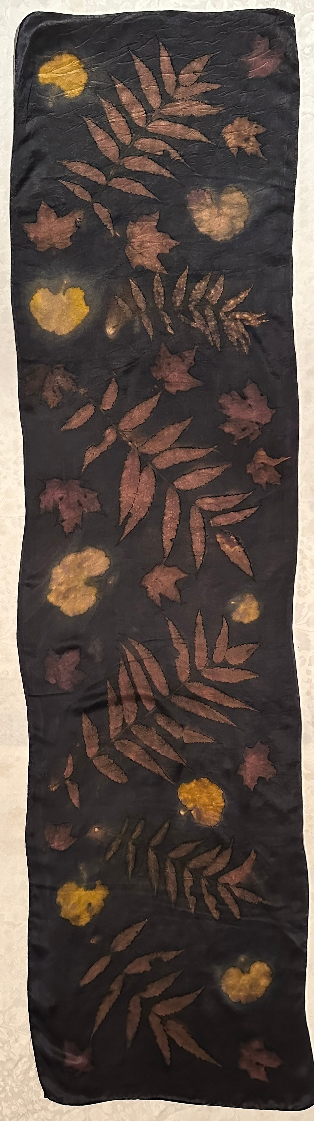Botanical silk scarf 15" x 60" Logwood and Turmeric (#15)