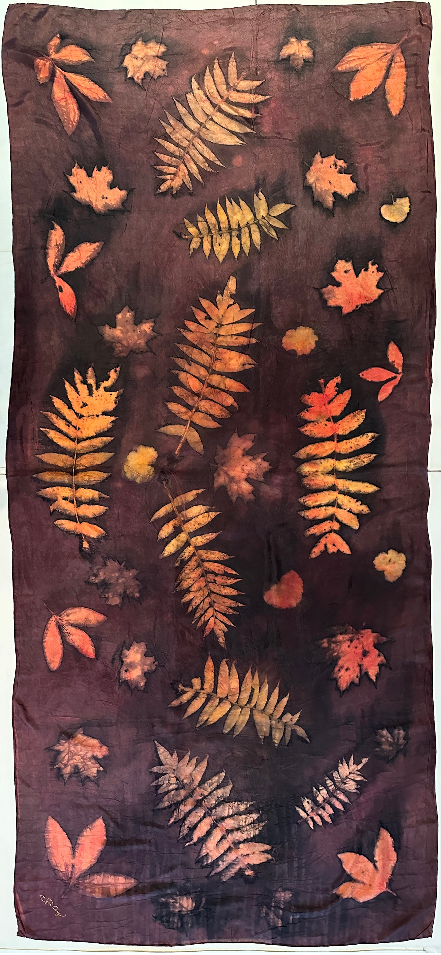 Hand printed botanical large silk scarf 35" x 78" (#102)
