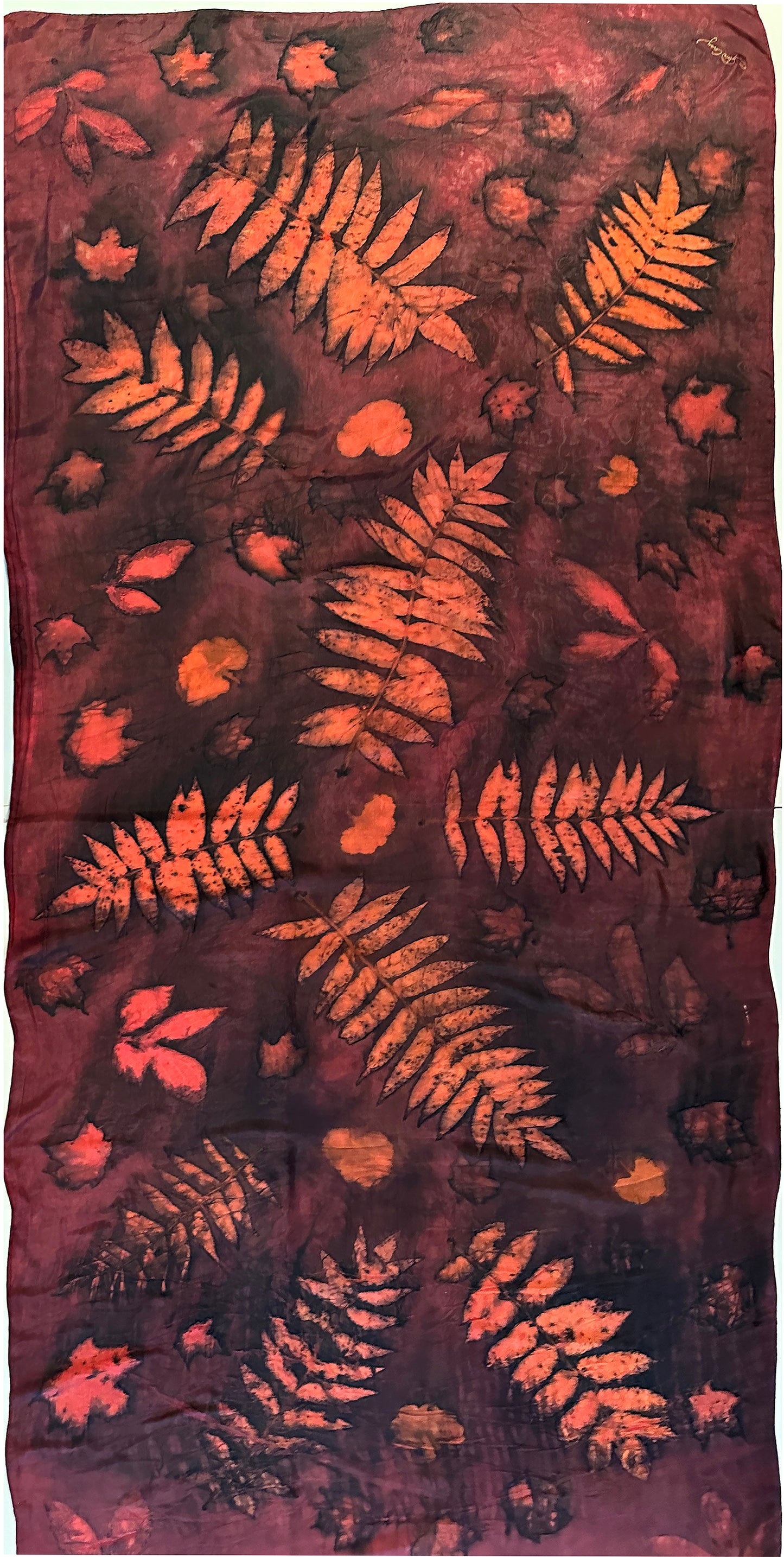 Hand printed botanical large silk scarf 35" x 78" (#103)