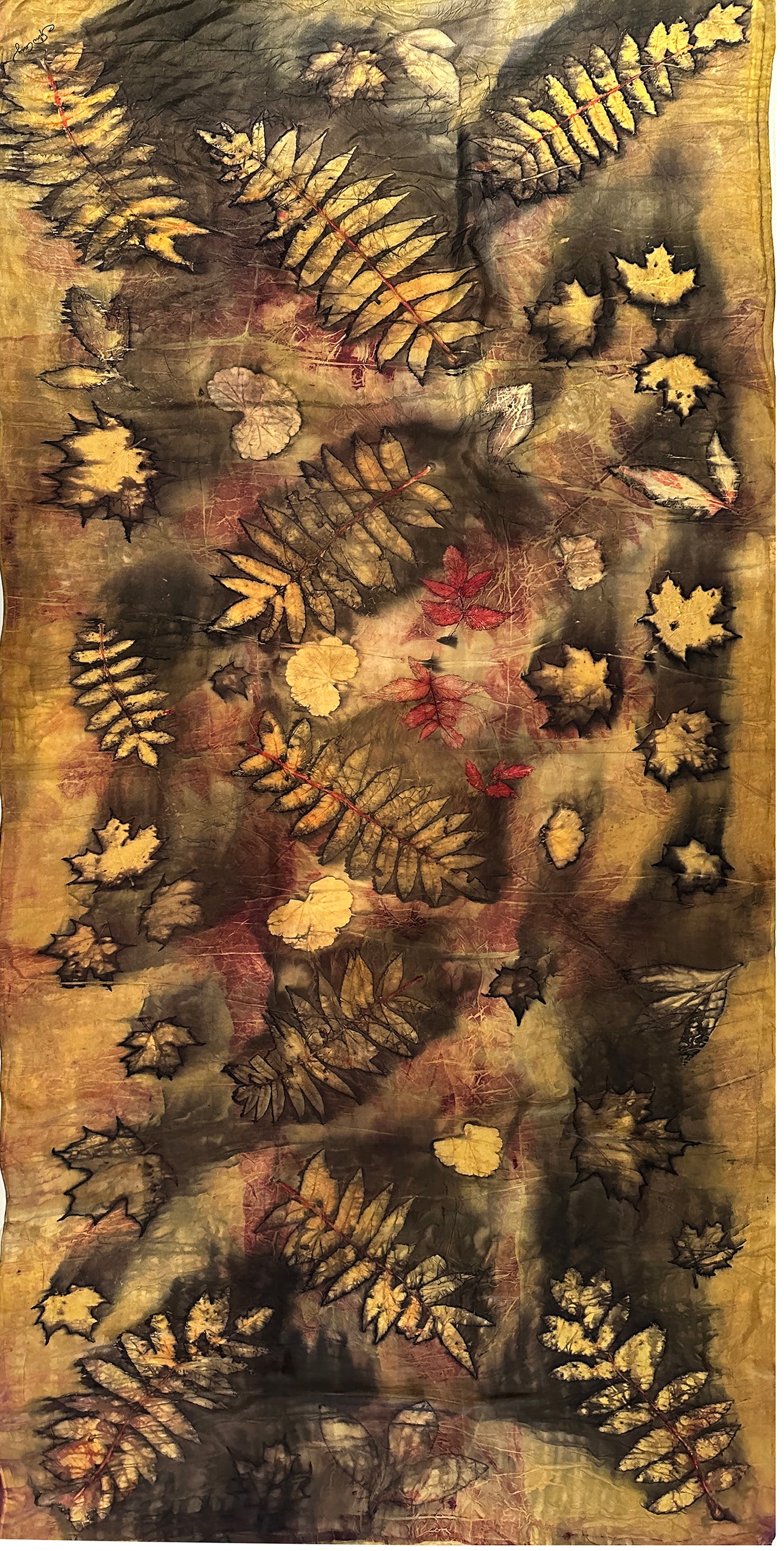Hand printed botanical large silk scarf 35" x 78" (#108)