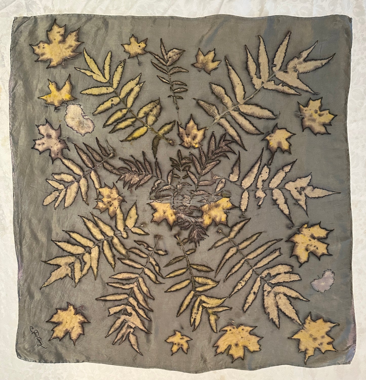 Botanical silk scarf 35" x 35" silver (#10)