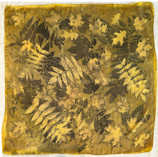 Botanical silk scarf 35" x 35" Yellow layered_6