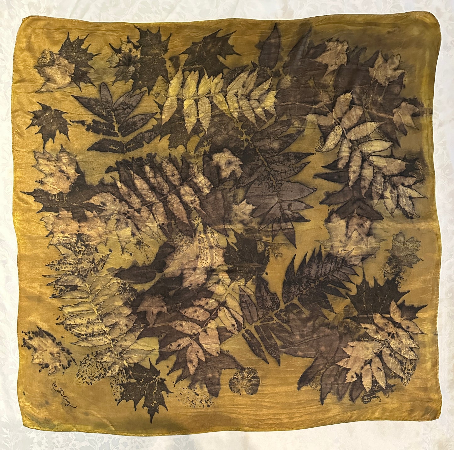 Botanical silk scarf 35" x 35" Yellow layered (#7)