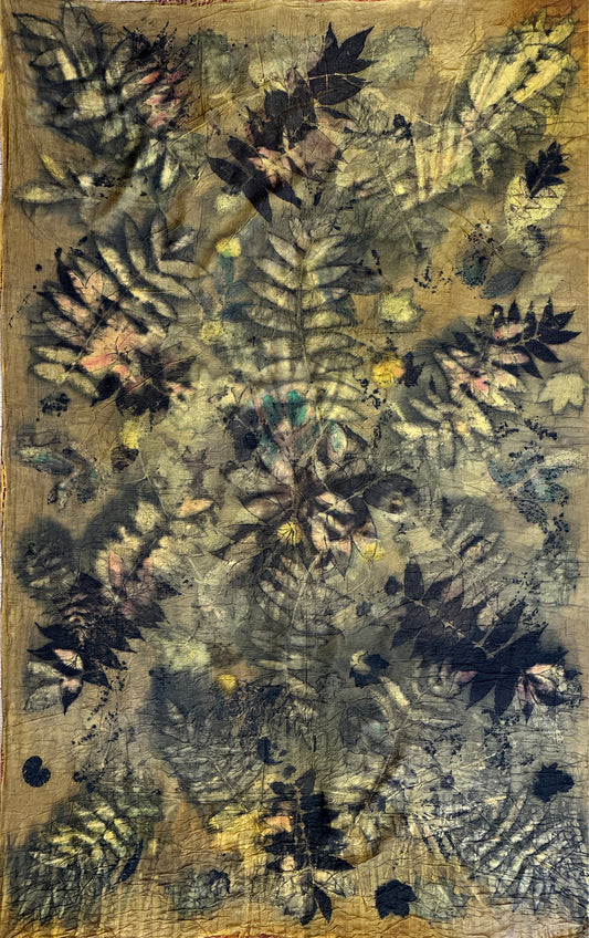 Hand printed botanical large silk sarong, 44”  x 70” #01