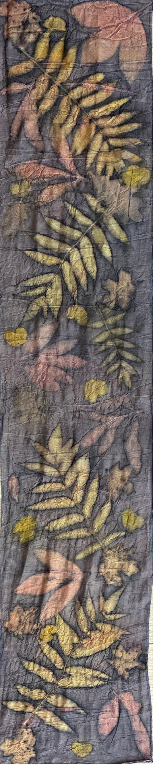 Hand printed botanical medium long silk scarf 14" x 70" #039
