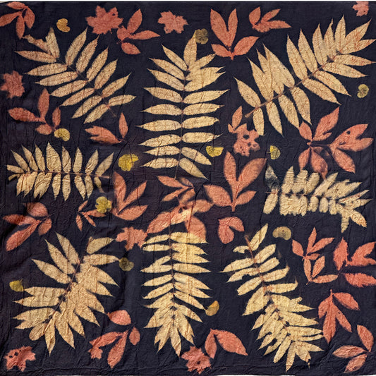 Hand printed botanical large square silk scarf 44" x 44"_#124