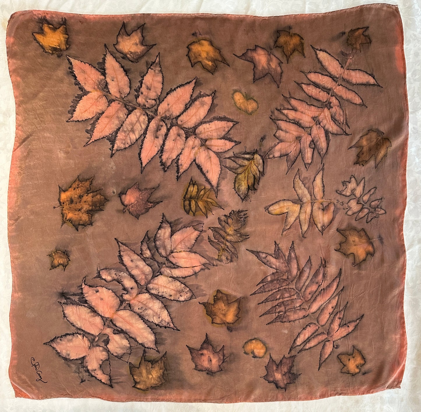Botanical silk scarf 35x35 rust_2